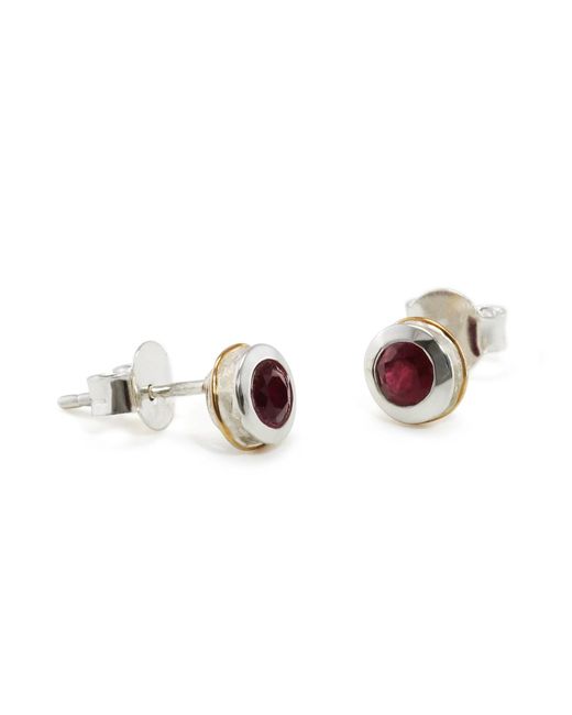 Isla Silver Metallic Handmade Sterling Ruby Stud Earrings