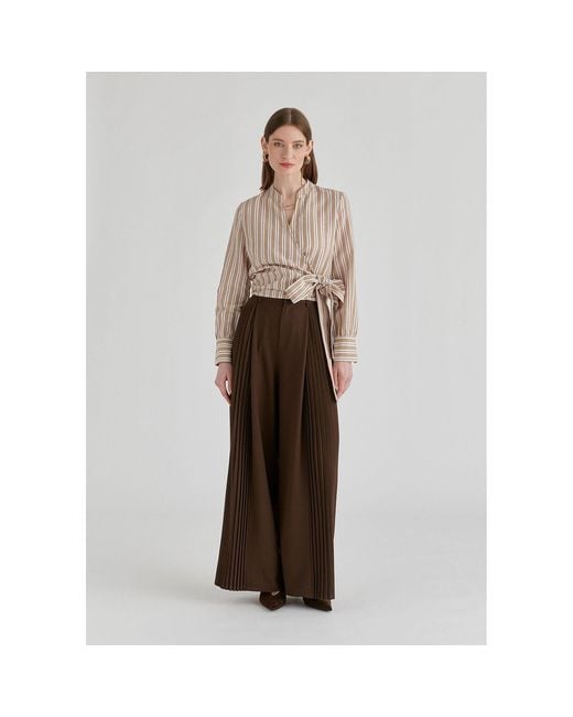 Paisie Natural Neutrals Split Collarless Wrap Top With Side-Tie Waist