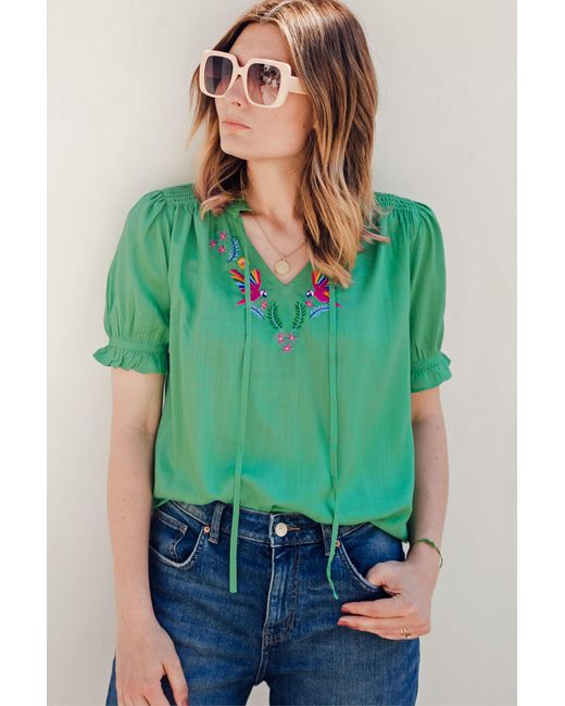 Sugarhill Green Angelique Shirred Top, Parrots Embroidery