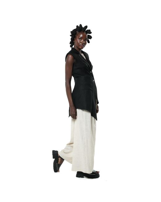 Metamorph White Neutrals Paperbag High Waist Trousers With Linen