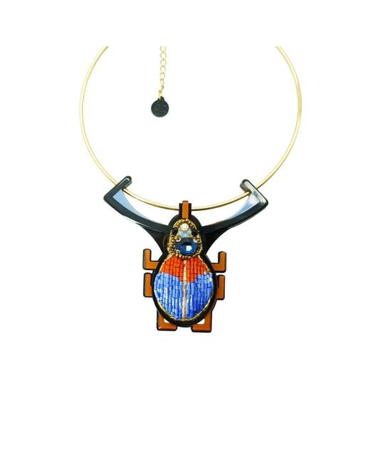 Gissa Bicalho Blue Handmade Acrylic Necklace Scarab Embroidered Topaz