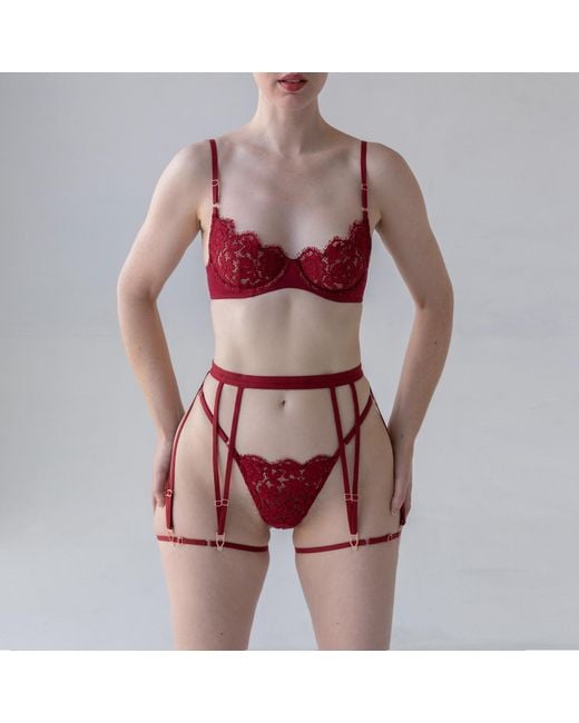 MONIQUE MORIN LINGERIE Red Frisson Scoop Demi Bra Bloodstone
