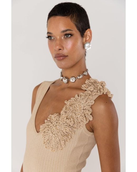 Andreeva Natural Neutrals Chrysanthemum Metallic Knit Dress With Handmade Emroidery