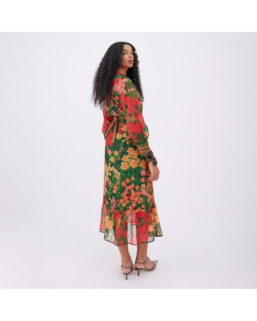 Raishma Red Floral Long Sleeve Belted Shirt Midi Dress