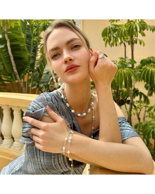 Farra Metallic Aquamarine With Baroque Pearls Double Layer Bracelet Or Choker