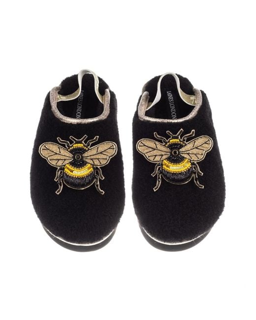 Laines London Black Flatform Cloud Closed Toe Slippers With Double Honey Bee Brooches