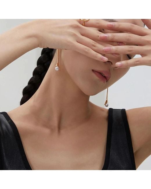 Angel Barocco Metallic Minimalist Pearl Drop Bar Earrings