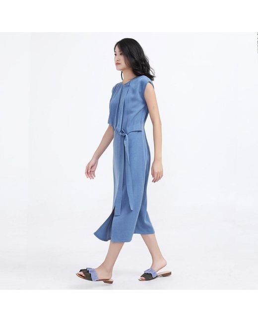 Smart and Joy Blue Cupro Draped Side Tie Midi Dress