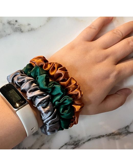 Soft Strokes Silk Green Set Of Three Pure Mulberry Silk Mini Scrunchies Weekly Special Hair Ties Autumn Jewels