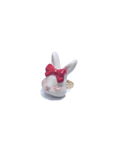 H2 Studio Pink Grumpy Bunny Bow Tie 14K Plated Brass Ring