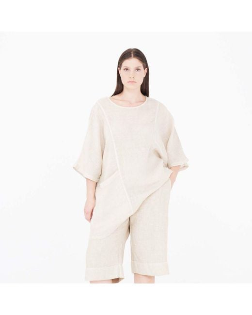Haris Cotton Natural Neutrals Front Pocket Curve Linen Gauze Blouse With Batwing Sleeve Beach Sand