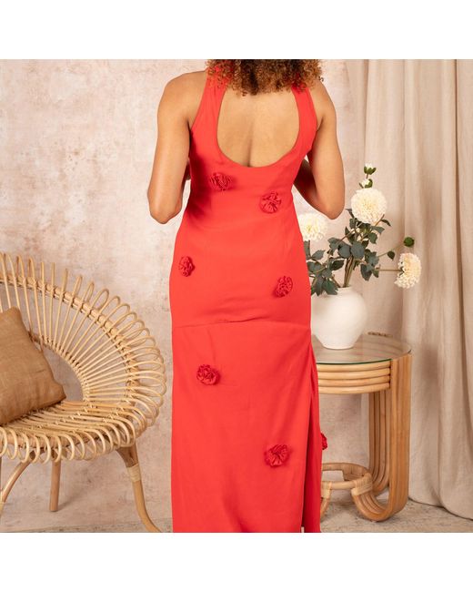 Hope & Ivy Red The Keely High Neck Rosette Maxi Dress With Thigh Split And Keyhole Back