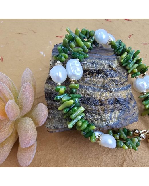 Farra Green Bamboo Coral With Freshwater Pearls Double Layers Bracelet