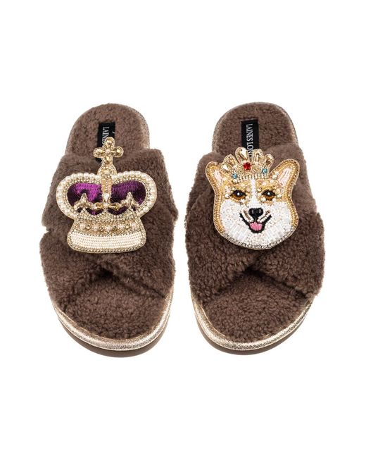 Laines London Brown Neutrals Laines Neutral Boucle Slippers With Corgi & Crown Brooches