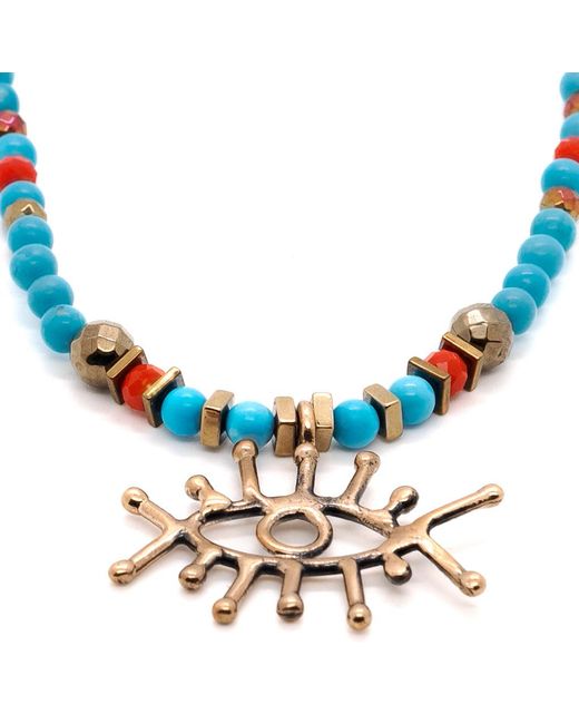 Ebru Jewelry Metallic Guardian Evil Eye Pendant Stone Beaded Necklace