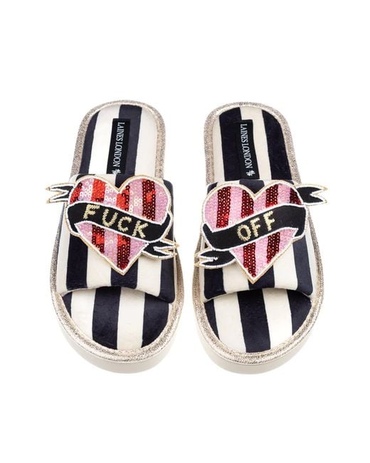 Laines London Red Flatform Stripe Open Toe Slippers With & Stripe Fuck Off Heart Brooches