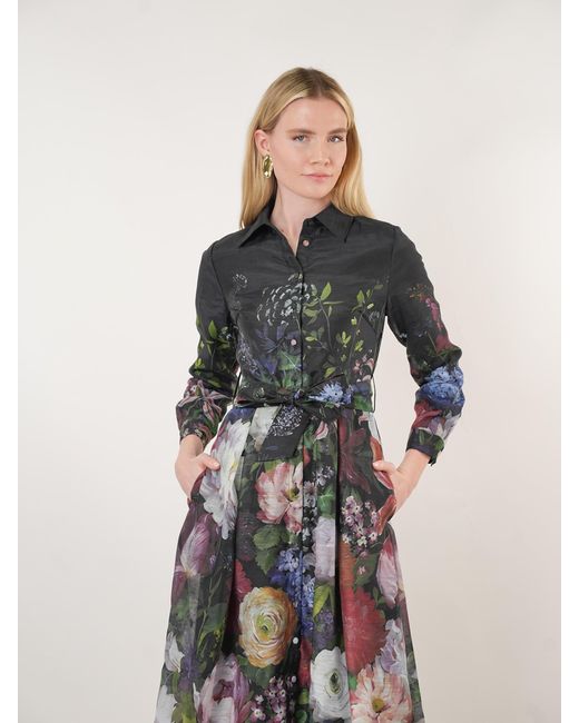 John Abgin Black Taffeta Floral Placement Print Shirt Dress