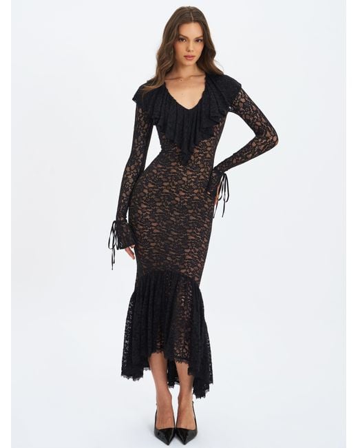 Miss Circle New York Black Parisa Lace Ruffled Mermaid Maxi Dress