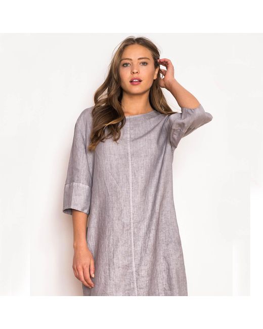 Haris Cotton Blue Keyhole Neckline Midi Linen Dress With 3/4 Sleeve Marine