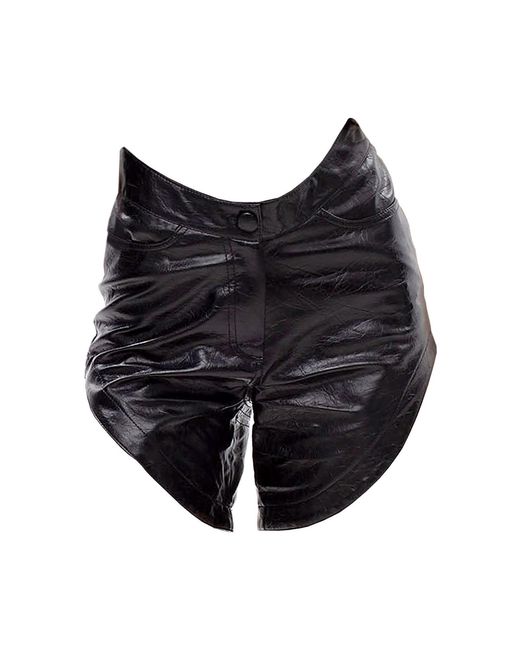 Maison Bogomil Black Curved Cut – Asymmetric High-Low Waist Leather Shorts