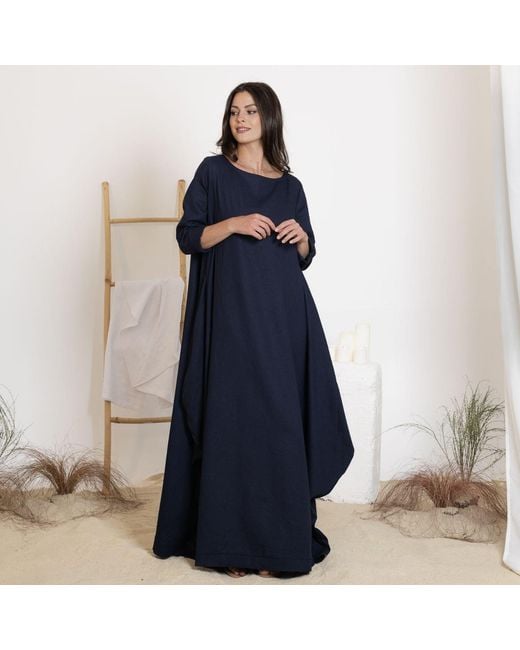 Nikka Place Blue Maxi Linen Kaftan Dress With Tie And Bracelet Sleeves