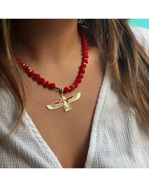 Ebru Jewelry Divine Protection Faravahar Symbol Pendant Red Beaded Necklace