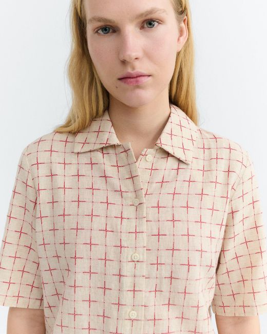 Thinking Mu Natural Printed Lattice Checkered Blouse Ane