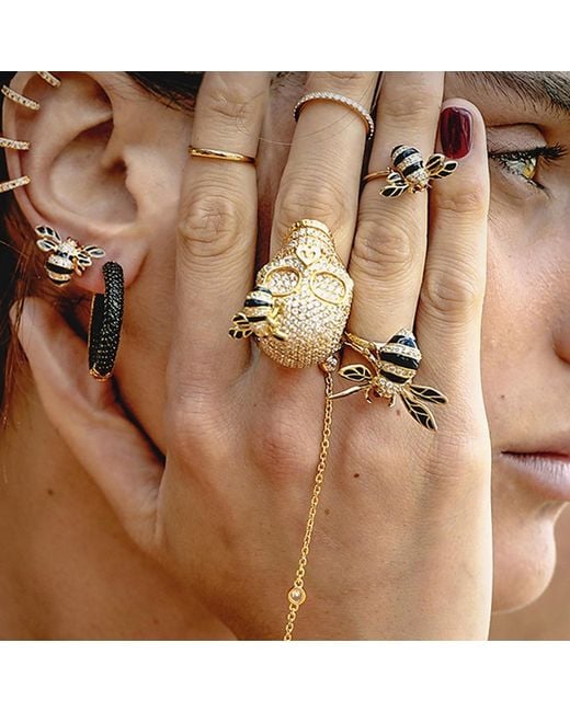 SALLY SKOUFIS Metallic Colony Ring With Made Cz Diamond Stimulant & Ivory Enamel