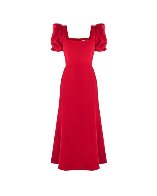 POST MERIDIEM Red Godet Silhouette Square Neck Midi Dress