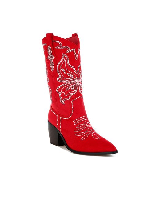 Rag & Co Red Latafa Rhinestones Embellished Cowboy Boots