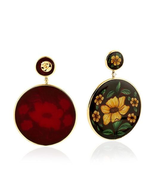 Artisan Metallic 18K Dangle Earrings With Bakelite Flowers & Diamonds