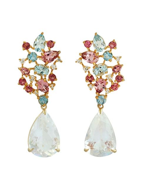 Artisan White Aquamarine, Multi Tourmaline & Moonstone Diamond Drop Earrings