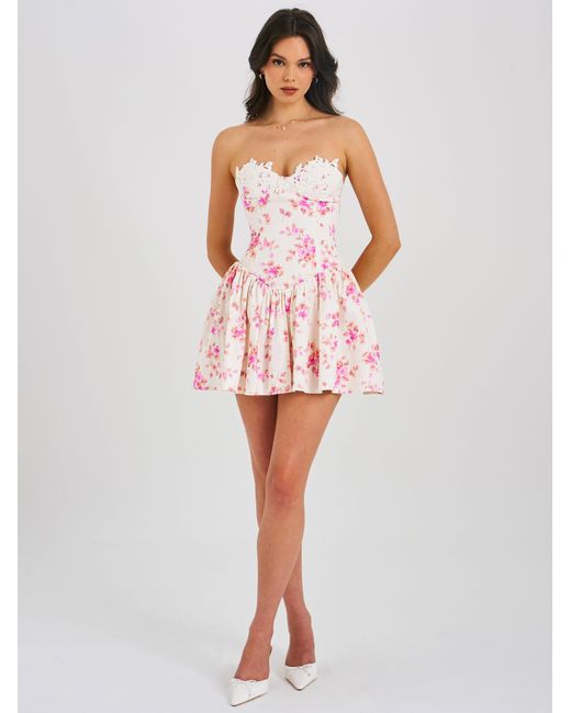 Miss Circle New York Pink Samara Floral Drop Waist Linen Corset Puffy Mini Dress