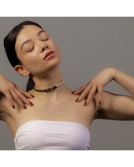 WAIWAI Metallic Off Moss Choker With Smoky Quartz Crystals