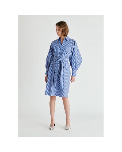 Paisie Blue Striped Volume Sleeve Shirt Dress With Matching Tie Belt