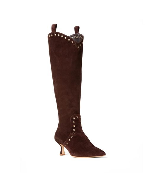 Beautiisoles by Robyn Shreiber Made in Italy Brown Vanesa Suede Tall Low Heel Boot Comfortable With Studs For Dressy Work & Evening