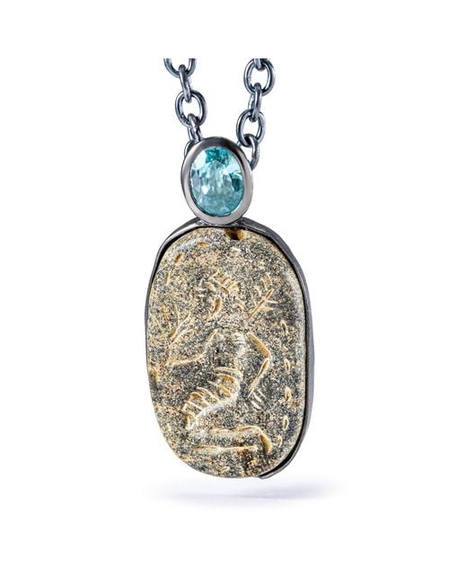 German Kabirski Metallic Bel Pendant With Ancient Neo Assyrian Steatite Amulet And Oval Topaz