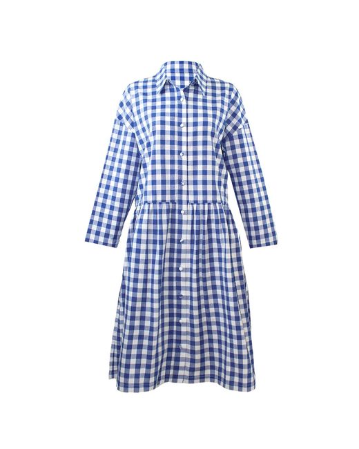 Zenzee Blue Cotton Linen Gingham Shirt Dress Cobalt