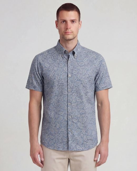 Lords of Harlech Blue Neutrals Tim Paisley Pile Natural Printed Button Up Shirt for men