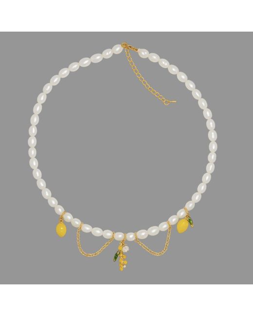 My Little Nature Metallic Handmade Pearl Necklace With Lemon And Flower Charms