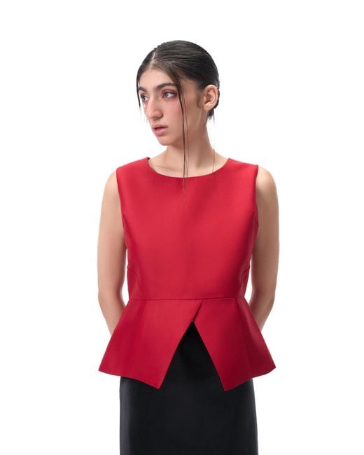 Rondooz Red Hand Painted Satin Peplum Top With Hand Applied Embellishment