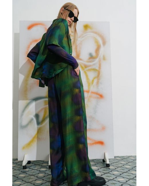 Lost Pattern Green Brooklyn Silk Wide Leg Pants