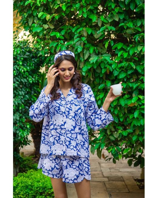 NoLoGo-chic Blue Hand Block Printed Cotton Pj Shorts Set