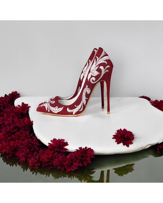Aethra Shoes Pink Arel Burgundy Suede Embroidered Pointed Toe Stiletto Pumps