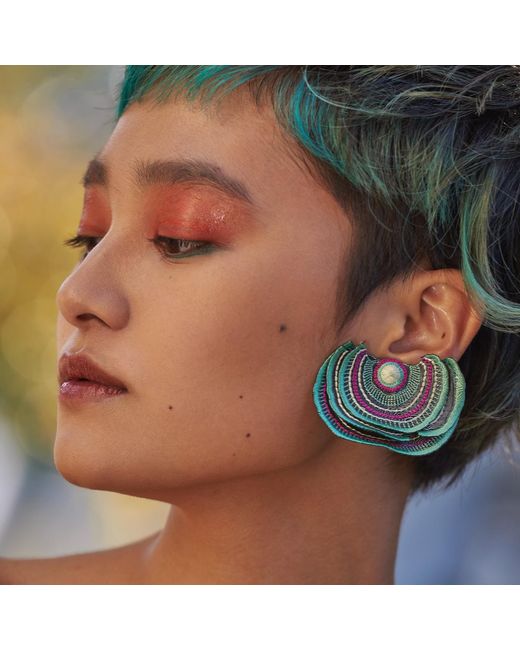 Nana Watanabe Blue Turkey Tail Layered Embroidered Earrings