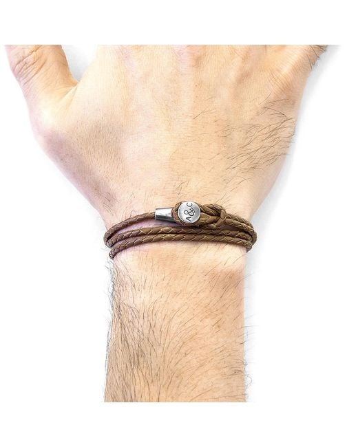 Anchor and Crew Light Brown Dundee Silver & Braided Leather Bracelet for men