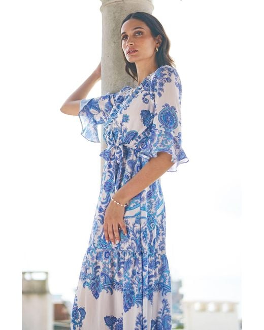 Yumi' Blue Paisley Wrap Maxi Dress