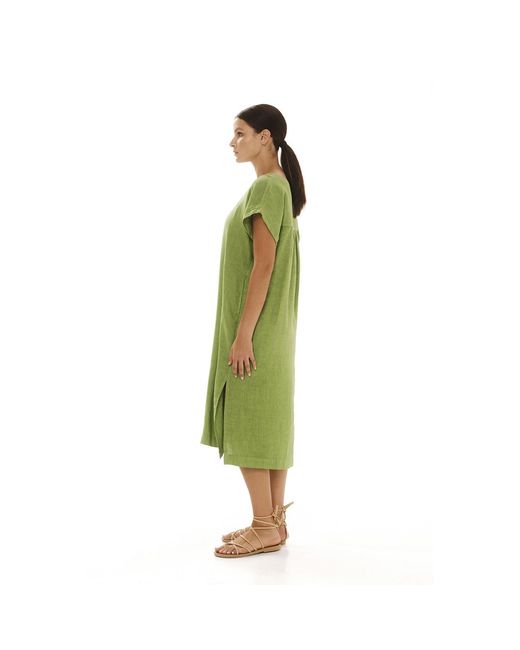 Haris Cotton Green Smock Linen Dress With Split Hem Avocado