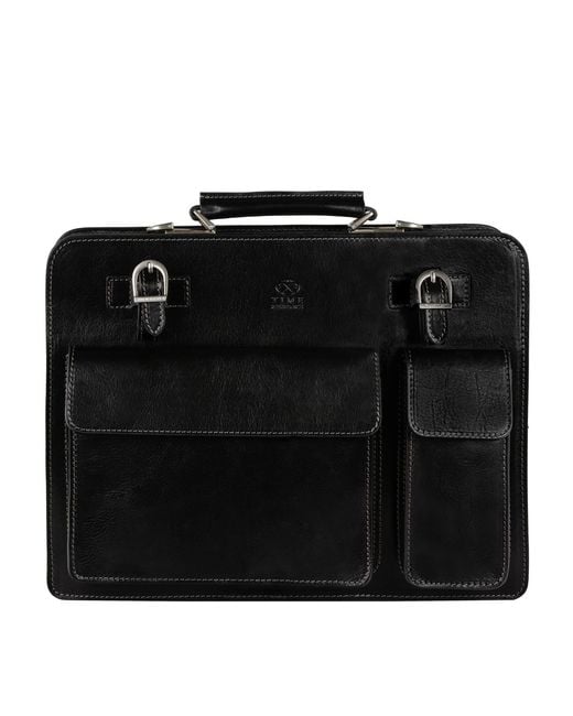 Time Resistance Black Leather Large Satchel Bag Briefcase for men
