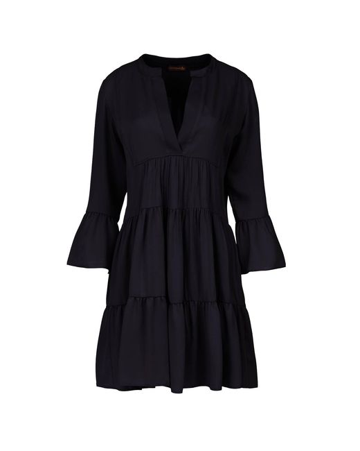 Conquista Black Viscose Gathered Seams Dress
